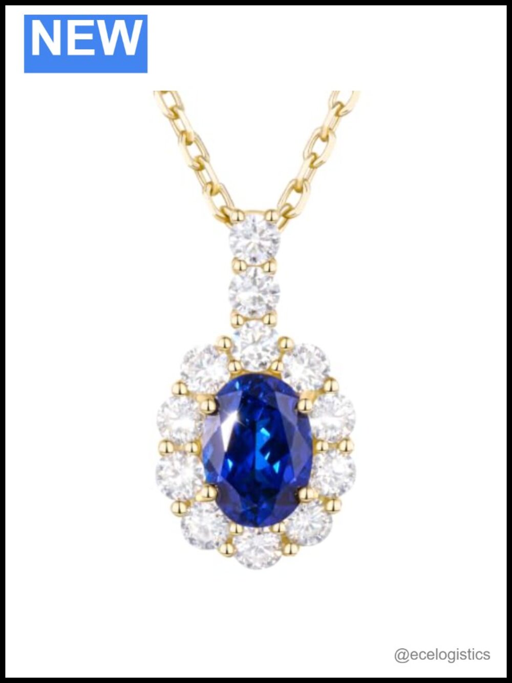 Sterling Silver Moissanite Halo Lab Blue Sapphire Pendant Necklace 16-19 Inch